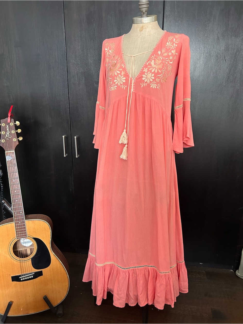 Nine Lives Bazaar Coral Pink Embroidered V-Neck Maxi Dress